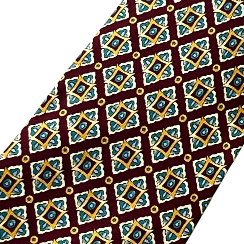 Collection XXI by Richel Men's 100% Silk Tie Burgundy Blue Yellow Geometric 90's